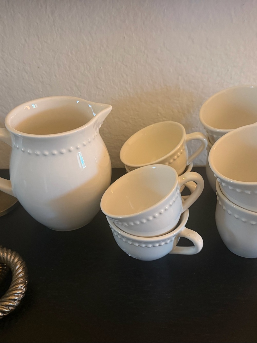 Pottery barn Emma tea cups coffee cups and pitcher ivory excellent 9 piece total